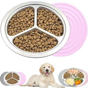 3-in-1 Dog‎ Bowl: Stainless Steel Set w Non-Slip Pink Mat for Small Dogs & Pups